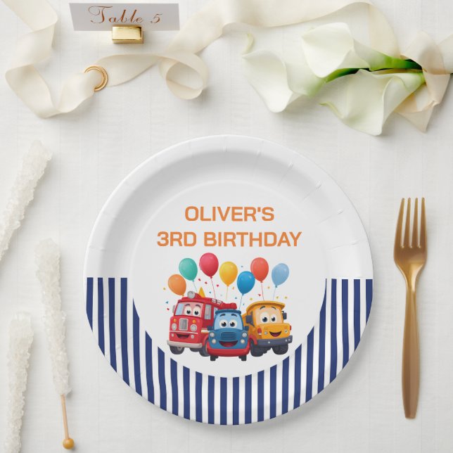 Blue Striped Truck Birthday Theme Paper Plate (Wedding)