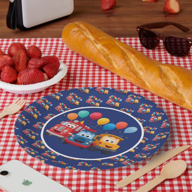 Blue Striped Truck Birthday Theme Paper Plate (Picnic)