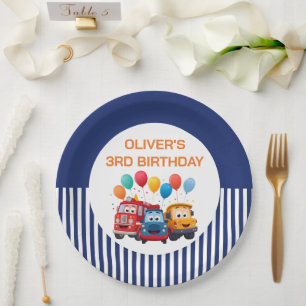 Blue Striped Truck Birthday Theme Paper Plate