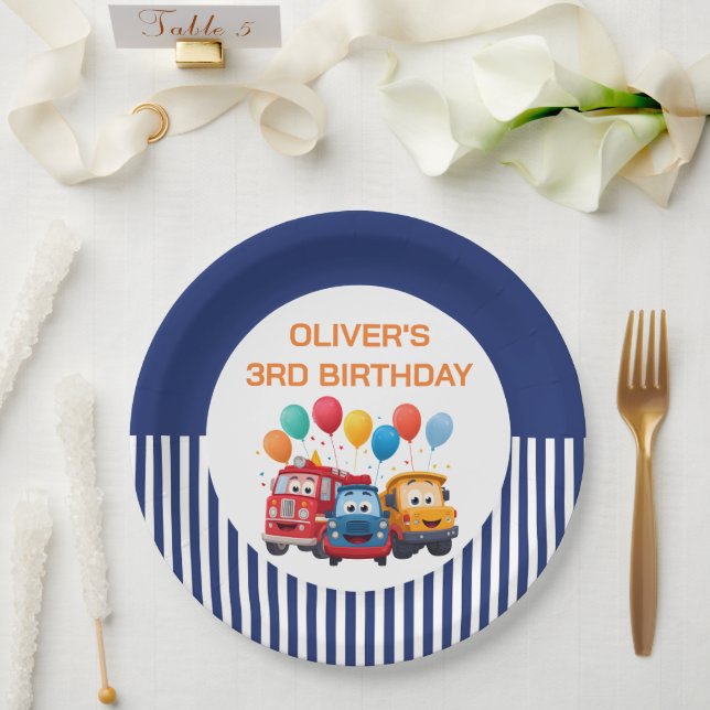 Blue Striped Truck Birthday Theme Paper Plate (Wedding)