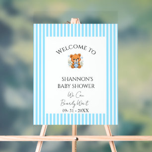 Blue Striped We can bearly wait baby shower Acrylic Sign