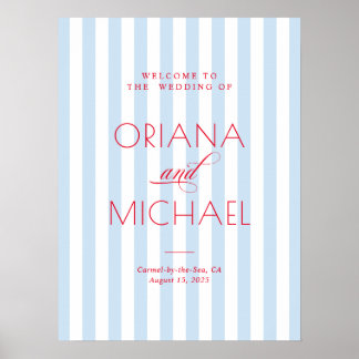 Blue Striped Wedding Welcome Sign with Red Font