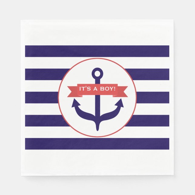 Blue Stripes + Anchor Boy Baby Shower Napkin (Front)
