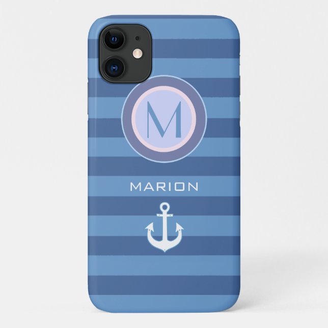 blue stripes & anchor monogrammed Case-Mate iPhone case (Back)
