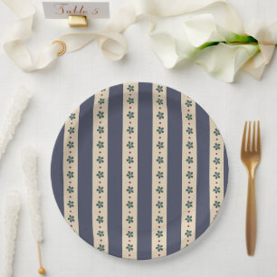 Blue Stripes And Flowers Paper Plate