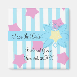 Blue Stripes and Pink Stars Save the Date Magnet