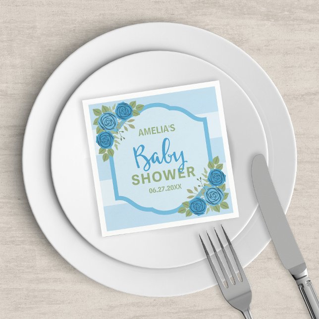 Blue Stripes and Roses Boy Baby Shower Napkin (Creator Uploaded)