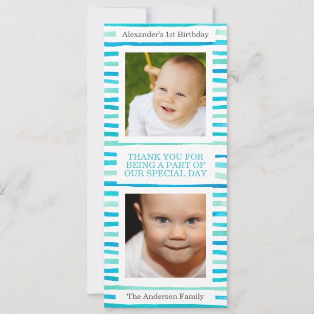 Blue Stripes Baby Boy 1st Birthday Photo Thank You Invitation (Front)