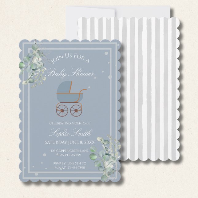 Blue Stripes Baby Carriage Baby Shower Scalloped Invitation (Creator Uploaded)
