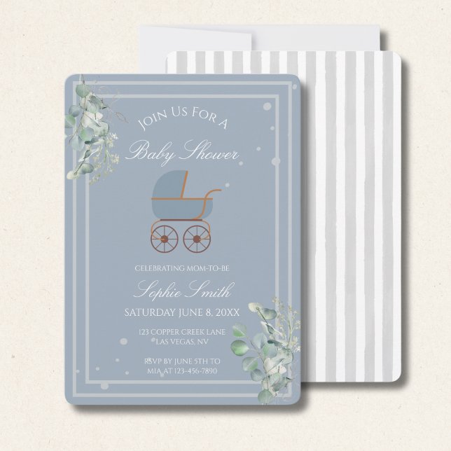 Blue Stripes Baby Carriage Eucalyptus Baby Shower  Invitation (Creator Uploaded)