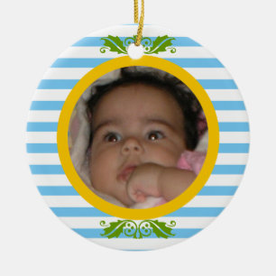 Blue stripes Baby’s 1st Christmas photo Ornament