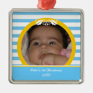 Blue stripes Baby’s 1st Christmas photo Ornament