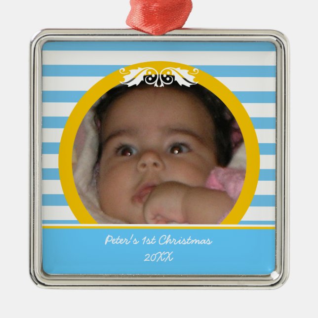 Blue stripes Baby’s 1st Christmas photo Ornament (Front)