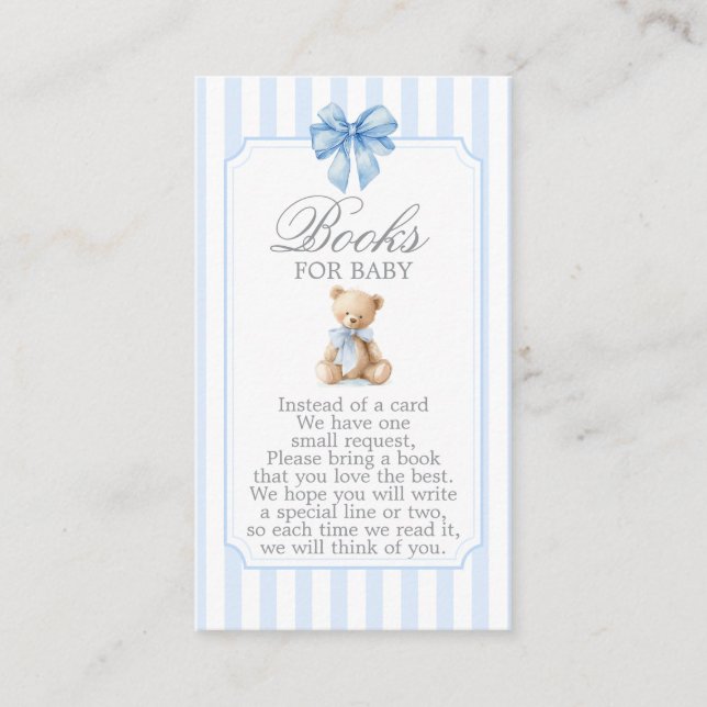 Blue Stripes Bear Baby Shower Boy Books for Baby Enclosure Card (Front)