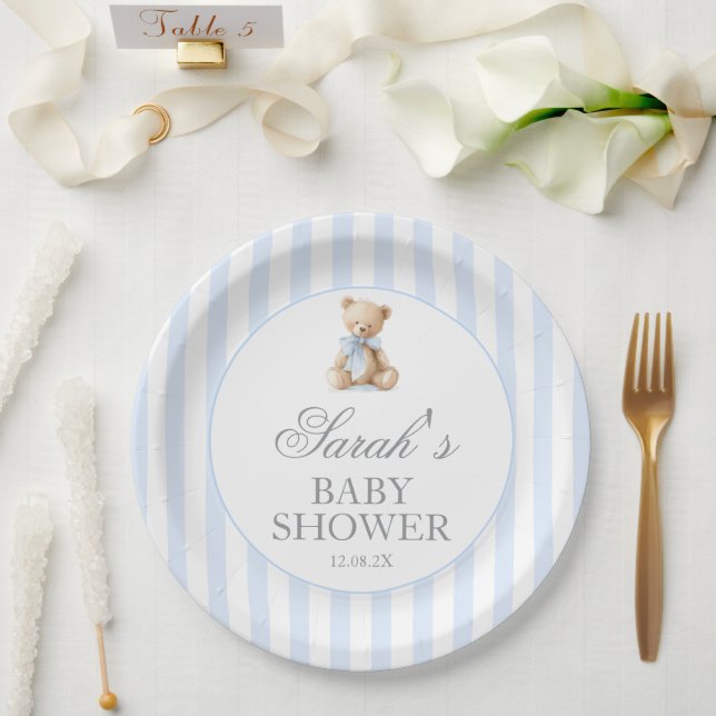 Blue Stripes Bear Baby Shower Paper Plate (Wedding)
