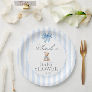 Blue Stripes Bear Baby Shower Paper Plate