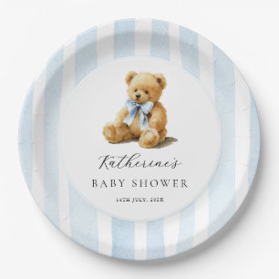Blue Stripes Bear Baby Shower Paper Plate