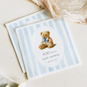 Blue Stripes Bear Baby Shower Welcome Sign Napkin