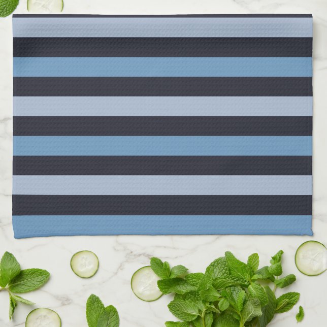 Blue Stripes, Black Stripes, Striped Pattern Tea Towel (Folded)