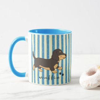 Blue Stripes Black Tan Dachshund Name Mug