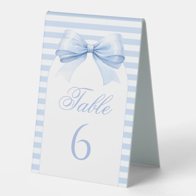 Blue Stripes Bow Baby Boy Shower Table Numbers (Front)
