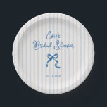 Blue Stripes Bow Bridal Shower Paper Plate<br><div class="desc">Quirky and whimsical bridal shower paper plates featuring a beautiful hand-drawn bow in a fun and playful style with a soft blue vertically striped background. The casual,  handwritten font perfectly captures the excitement and joy of the occasion.</div>
