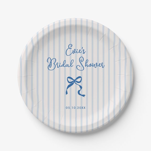 Blue Stripes Bow Bridal Shower Paper Plate (Front)