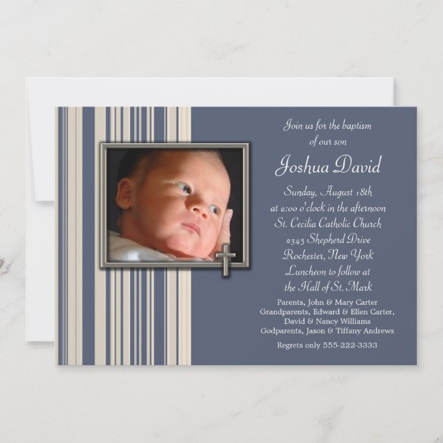 Blue Stripes Boy Photo Christening Invitations (Front)