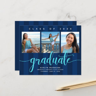 Blue stripes budget graduation 3 photo invitation