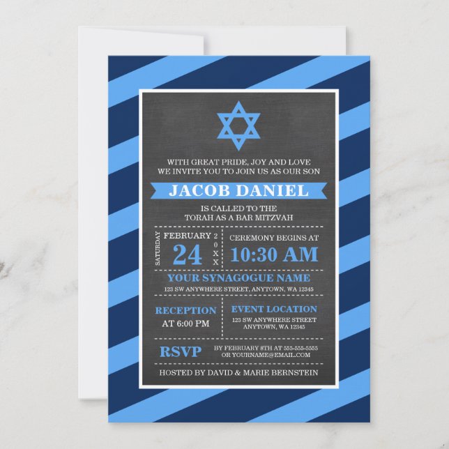 Blue Stripes Chalkboard Bar Mitzvah Invitations (Front)