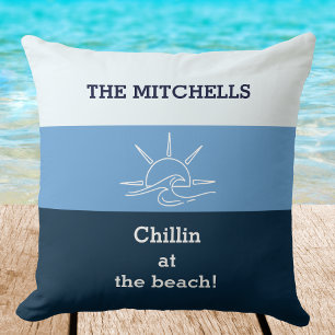 Blue Stripes Chillin Family Name Beach House Cushion