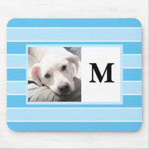 Blue Stripes Custom Initial One Photo Cute Dog Mou Mouse Pad