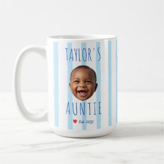 Blue Stripes Custom Photo & Name Baby Face Auntie Coffee Mug