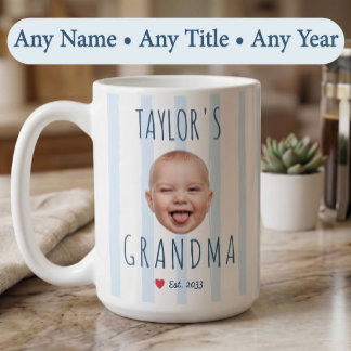 Blue Stripes Custom Photo & Name Baby Face Grandma Coffee Mug