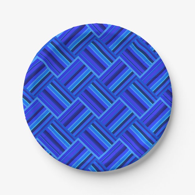 Blue stripes diagonal weave pattern paper plate (Front)