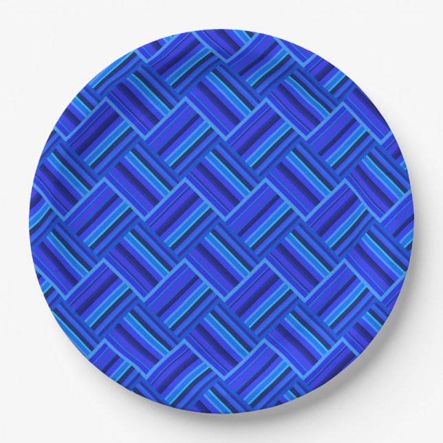 Blue stripes diagonal weave pattern paper plate (Front)
