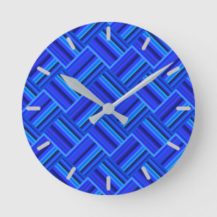 Blue stripes diagonal weave pattern round clock