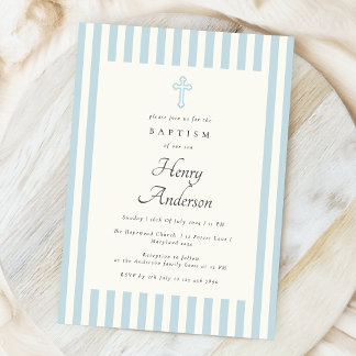 Blue Stripes Elegant Baptism Orthodox Cross Invitation