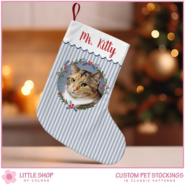 Blue Stripes Evergreen Wreath Pet Cat Photo Small Christmas Stocking (Creator Uploaded)