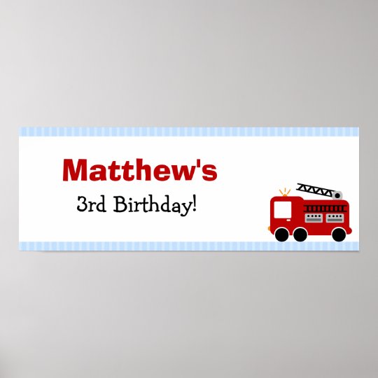 Blue Stripes Fire Truck Birthday Party Banner Poster