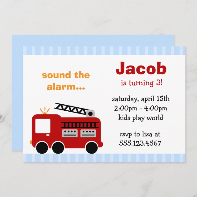 Blue Stripes Fire Truck Birthday Party Invitations (Front/Back)