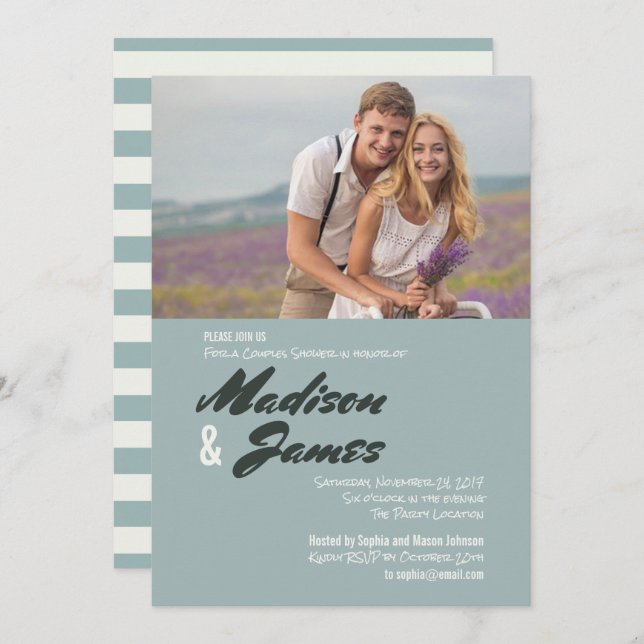 Blue Stripes | Floral | Couples Shower Invitations (Front/Back)