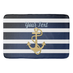 Blue Stripes & Gold Anchor Nautical Bath Mat