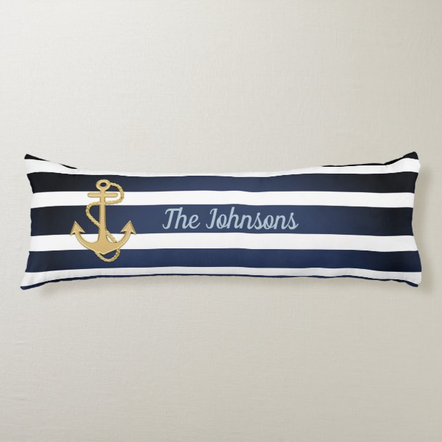 Blue Stripes & Gold Anchor Nautical Body Cushion (Front)