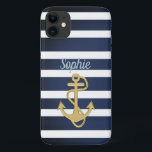 Blue Stripes & Gold Anchor Nautical iPhone 11 Case<br><div class="desc">Blue Stripes & Gold Anchor nautical design. 
Customize to your liking; it's a template. :)</div>