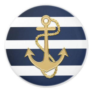 Blue Stripes & Gold Anchor Nautical Ceramic Knob