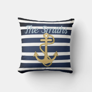 Blue Stripes & Gold Anchor Nautical Cushion