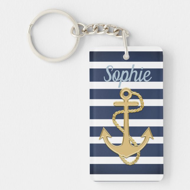 Blue Stripes & Gold Anchor Nautical Key Ring (Front)