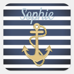 Blue Stripes & Gold Anchor Nautical Square Sticker