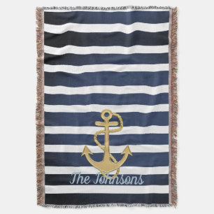 Blue Stripes & Gold Anchor Nautical Throw Blanket